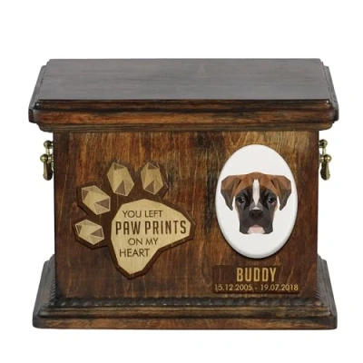 Afbeelding van Art Dog Aangepaste geometrische hondenherdenkingsurn Handgemaakte houten urn Op maat gemaakte hondencrematiedoos voor as 8,3x11,4x8,7 Bokser