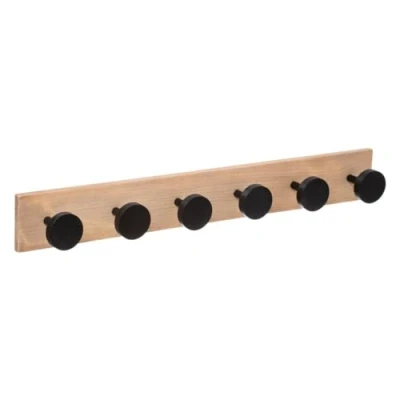 Afbeelding van Kapstok rek voor wand/muur lichtbruin/zwart 6 ophanghaken/knoppen MDF/ijzer 58 x 8 cm Kapstokken