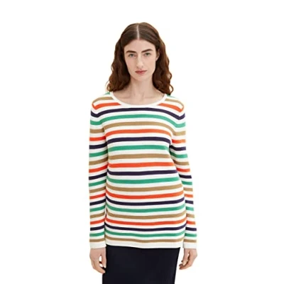 Afbeelding van TOM Tailor KNIT Jumper WITH Round Neckline Trui, Dames, Maat: XL, Navy green multicolor stripe