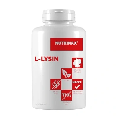 Afbeelding van NUTRINAX L lysine 365 veganistische capsules hoge dosis met 1000 mg HCL (800 per dagelijkse dosis) Made in Germany van plantaardige fermentatie