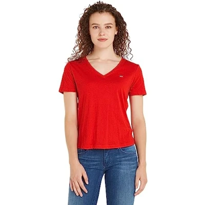 Afbeelding van Tommy Jeans TJW SLIM SOFT V NECK TEE Top, Dames, Maat: Small, Deep crimson