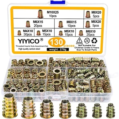 Afbeelding van YIYICO Schroefdraadinzet hout inschroefmoer inschroefmoffen M4 M5 M6 M8 M10 130st zinklegering oprijplaat inbusmoeren assortiment voor houten meubels