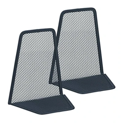 Afbeelding van Relaxdays boekensteun set van 2, HxBxD: 14 x 12,5 9 cm, modern mesh design, mappen, metaal, boekenhouder, antraciet