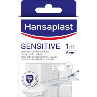 Afbeelding van Hansaplast Gevoelige pleister (1 m x 6 cm), op maat te snijden en huidvriendelijke wondpleisters met Bacteria Shield &amp; veilige kleefkracht, pijnloos verwijderen pleisters