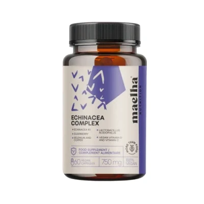 Afbeelding van Echinacea Immunocomplex Echinacea, Beta glucanen, Vlierbes, Vitamine C en D, Selenium, Koper, Lactobacillus acidophilus Immuunsysteem 60 Capsules 100% Veganistische supplement