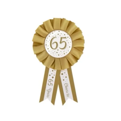 Afbeelding van Leeftijden Rozet 65 jaar Wit/ Goud 14cm per stuk