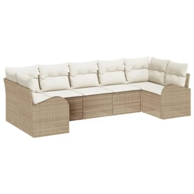 Afbeelding van vidaXL 7 delige Tuin Sofa Set met Kussens Beige Poly Rattan, 2 zits Opslag &amp; Rattan