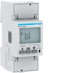 Afbeelding van Hager kwh meter 1 fase directe meting 80a 92 276v 160 480v klasse b pulsuitgang mid m bus afname levering multi tarief ecm180d