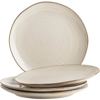 Afbeelding van MÄSER Serie Nottingham, 4 delige bordenset met filigraan lijnspel en elegant glazuur, eetborden van keramiek in moderne vintage look, aardewerk, beige