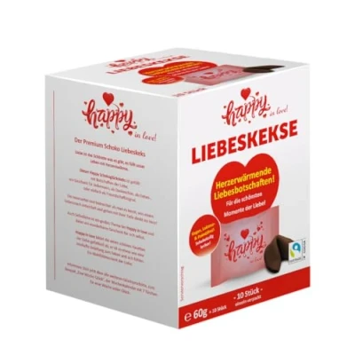 Afbeelding van Happy in Love Chocogelukskoekjes veganistisch, een doos van 10 stuks, met liefdesboodschappen (1 = gluikkoekjes à 6 g)