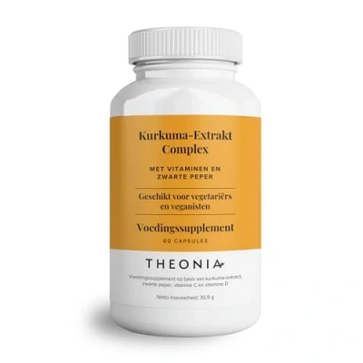 Afbeelding van Theonia Kurkuma Extrakt Complex Vitamine D3 en C, zwarte peper extract Ondersteuning van spier gewrichtsverlichting Maximale potentie verbeterde absorptie 60 veganistische capsules
