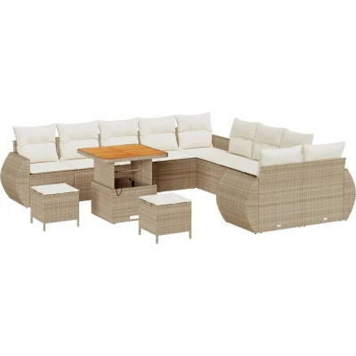 Afbeelding van vidaXL 13 delig Tuinbankstel met Kussens Beige Poly Rattan Acacia, 3 Tuin Eetset Acacia