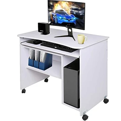 Afbeelding van BAKAJI Bureau met uittrekbare toetsenbordplank, onderste plank en pora computertafel, werktafel, pc deur van MDF hout 4 wielen, moderne inrichting voor thuis, kantoor, kinderkamer (wit)
