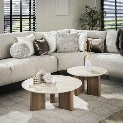 Afbeelding van Hoyz Collection Salontafel Romano Rechthoekige Poot Keramisch Travertin Set van 2