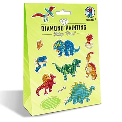 Afbeelding van Ursus 43500009 Diamond Painting Sticker Dinos, set met 2 stickervellen in verschillende designs, diamantstenen, plukker, was en schaal, inclusief instructies.