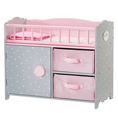 Afbeelding van Teamson Kids Kinderbedje en Opbergkast Voor Babypoppen Accessoires Poppen Kinderspeelgoed Roze/Grijs/Polka Dot