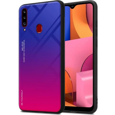 Afbeelding van Cadorabo Hoesje geschikt voor Samsung Galaxy A20s in PAARS ROOD Tweekleurige beschermhoes van TPU silicone Case Cover en achterzijde gehard glas