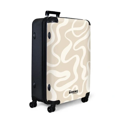 Afbeelding van NoBoringSuitcases.com® Koffer groot Reiskoffer lichtgewicht Beige met witte abstracte lijnen Rolkoffer 4 wielen Grote trolley XL 98 liter bagage