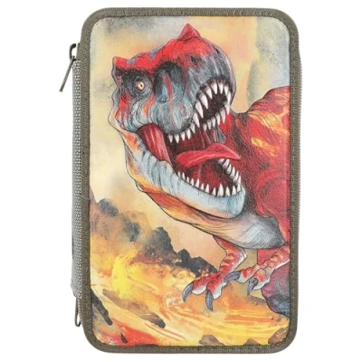 Afbeelding van Depesche 13135 Dino World Gevulde 3 vaks etui in olijfgroen, motief met 3D effect, kleurpotloden, liniaal, schaar en nog veel meer.