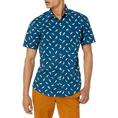 Afbeelding van Amazon Essentials Men&#039;s Shirt met korte mouwen, print en normale pasvorm, Blauwgroen Vogels, S