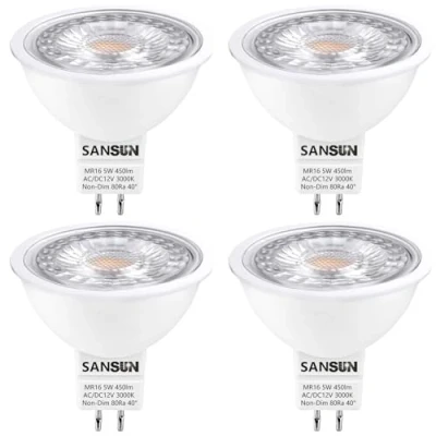 Afbeelding van SANSUN MR16 GU5.3 LED lampen 50W equivalente halogeenlampen, warm wit 3000K 12V 5W schijnwerper, niet dimbaar, 4 stuks