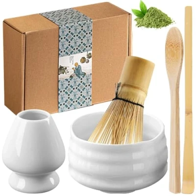 Afbeelding van matcha theeset, set met bezem, schaal van keramiek, bamboebezem, bezemhouder handgemaakte matcha, accessoires, cadeauset (wit)
