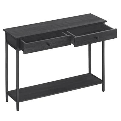 Afbeelding van VASAGLE consoletafel, haltafel, bijzettafel, salontafel met 2 laden, stalen frame, hal, woonkamer, industrieel design, antracietgrijs inktzwart LNT015B07