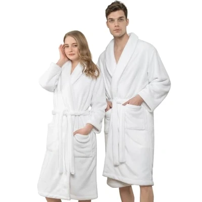 Afbeelding van Hammetex Badjas, uniseks, voor dames en heren, ultrazachte kwaliteit, wollig, behaaglijk, pluche, lange lichte ochtendjas paren met zakken, wit, L XL