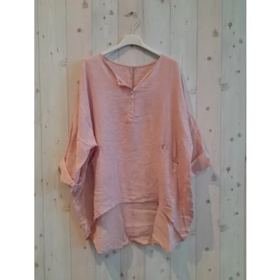Afbeelding van Linnen blouse me knoppen en voor zakken oprollende mouwen BABY ROSE kleur Maat 42/44