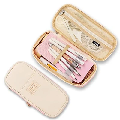 Afbeelding van iSuperb Potloodhouders Pencil Holder Etui Studenten Potlood Opbergtas Canvas Pennenbak Super Grote Capaciteit Pennenetui Organizer Briefpapier Potloodtassen (Pink2)