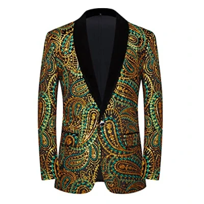 Afbeelding van PYJTRL Men&#039;s Shiny Sequins Suit Jacket Classic Floral Fashion, Suitable for Parties, Weddings, Banquets, Proms,Green Gold,L