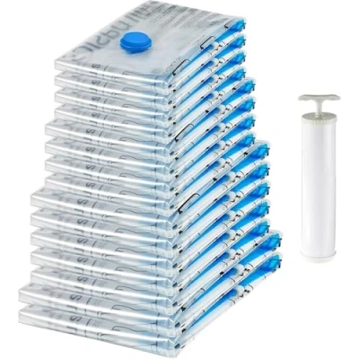 Afbeelding van Amazon Basics Vacuümzakjes met luchtdicht ventiel en handpomp, set van 15, 2 x extra jumbo, 5 4 (large, medium), meerdere zakjes, doorzichtig