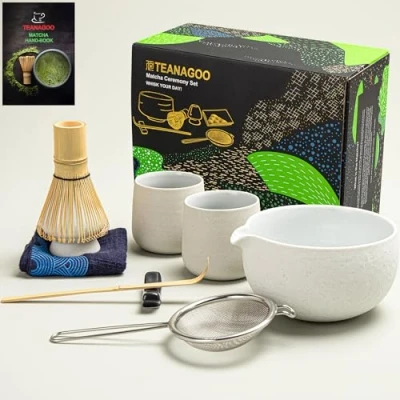 Afbeelding van TEANAGOO Matcha Whisk Set Bowl with Cast Spout Bamboo Scoop Holding Tea Making Kit. 1 Japanse Theeset (7st) +2 kopjes (7.2oz), S3, Lt.Grey