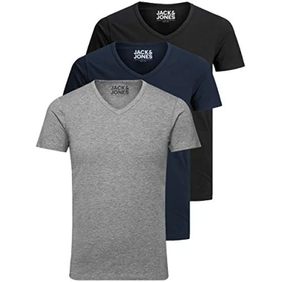 Afbeelding van Jack and Jones Basic T shirt voor heren, V hals, verpakking van 3 stuks, effen, slim fit, in wit, zwart, blauw, grijs, Kleur Mix 3, XXL