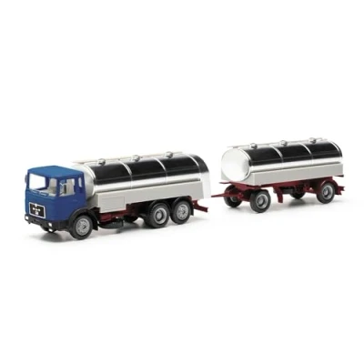 Afbeelding van Herpa vrachtwagen model MAN F8 Milchtank Hängerzug (Herpa BASIC), schaal 1:87, voor diorama, modelbouw, verzamelobject, Made in Germany, kunststof