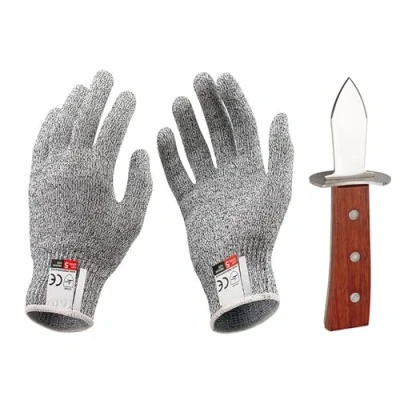 Afbeelding van LdawyDE Oyster Knife Set, Shucker, Opener met Red Pear Wood Handle en 1 paar Level 5 snijbestendige handschoenen (XL), roestvrijstalen Shucker set voor mossel zeevruchten
