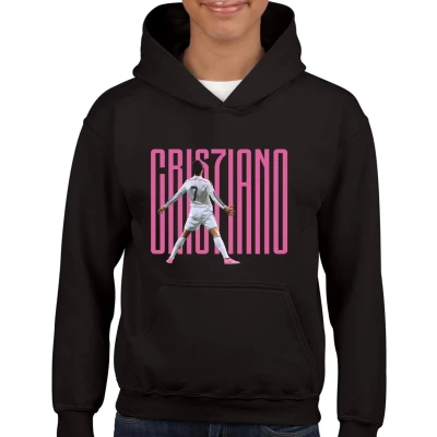 Afbeelding van Cristiano Kinder Hoodie Zwart text roze Maat 122/128 leeftijd 7 tot 8 jaar rugnummer7 cadeau Voetbal Zwarte