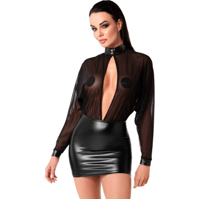 Afbeelding van Noir stijlvolle mini jurk met lange mouwen in materiaalmix van transparante tule en powerwetlook diepe hals opstaande kraag, zwart, S