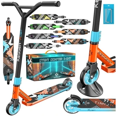 Afbeelding van KESSER® stuntstep X Limit 360 besturing Robuuste fun scooter met ABEC 9 kogellagers, 100 mm PU wielen, kick stadsscooter trick voor kinderen, volwassenen, Rood/Lichtblauw