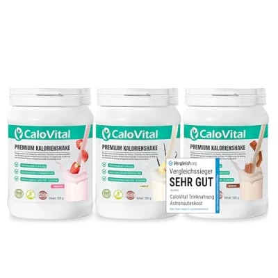 Afbeelding van CaloVital volwaardige maaltijdvervanging, calorieënshake om aan te komen, met veel essentiële vitaminen en mineralen, premium kwaliteit uit Duitsland (set van 3, vanille, aardbeien, chocolade)