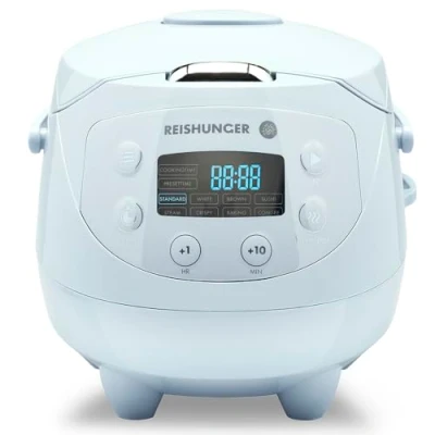 Afbeelding van REISHUNGER Digitale Mini Rijstkoker in lichtblauw Multicooker met 8 programma&#039;s, stoominzet, premium binnenpan, timer en warmhoudfunctie Rijst voor maximaal 3 personen