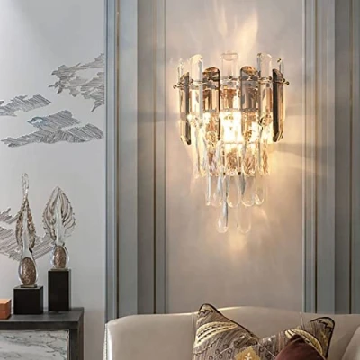 Afbeelding van Moderne Kristallen Wandlamp, E14 Wandkandelaar Licht, Voor Slaapkamer Woonkamer Keuken Hal Trap Restaurant Hotelverlichting (Rokerig grijs)