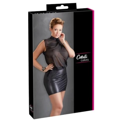 Afbeelding van Cottelli Plus Size Sexy Licht Transparante Mini Jurk met Brede Wetlook Ondergedeelte Maat 4XL Zwart