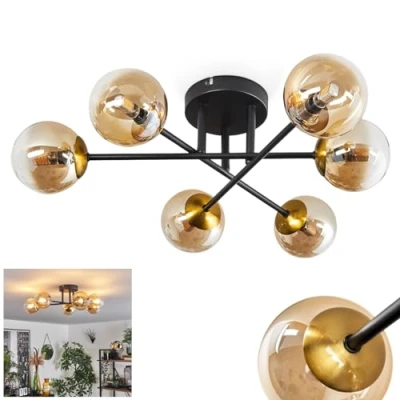 Afbeelding van HOFSTEIN plafondlamp Chehalis, van metaal/glas in zwart/goud/barnsteenkleurig/helder, lamp modern retro/vintage design met kappen glas (Ø 10 cm), 6 x G9, zonder
