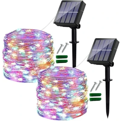 Afbeelding van Ligarko Lichtsnoer op zonne energie, voor buiten, 2 stuks van elk 14 m, tuinverlichting waterdicht, 120 leds, 8 modi, koperdraad, decoratieve lichtslingers bomen, tuin,