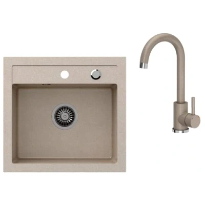 Afbeelding van VBChome Spoelbak met armatuur, 50 x 47 cm, beige, graniet, spoelbak, enkele wastafel, keuken, inbouwspoelbak, composietspoelbak, gootsteen, sifon, armatuur