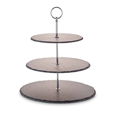 Afbeelding van Echtwerk etagère/serveerplank voor gebak, fruit, kaas en dessert van natuurlijke leisteen met 3 niveaus metalen handvat, zilver editie, Ø leisteenplaten ca. 20/25/30 cm, aardewerk