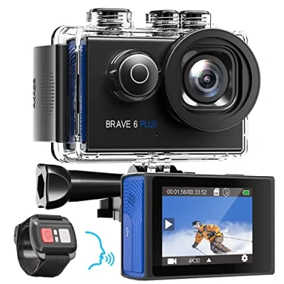 Afbeelding van AKASO Action Cam 4K30FPS 20MP WiFi actiecamera met touchscreen EIS 4X Zoom afstandsbediening 40m onderwatercamera 2x 1350mAh batterijen en helmaccessoires Kit Brave 6 Plus