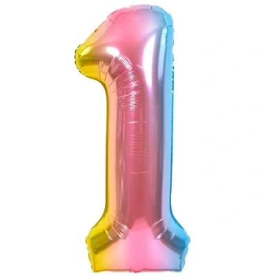 Afbeelding van Ballon 1e Verjaardag Nummer 1 Pastel Veelkleurig XXL Gigantische Folieballon 100 cm Decoratie Ballonnummer Deco voor Verjaardag. Vliegt met Helium.