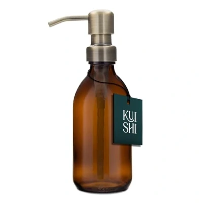 Afbeelding van Kuishi Pompfles van amberkleurig glas met pomp roestvrij staal [250 ml, gouden pomp], navulbare bruine flessen, ideaal voor het handen wassen, shampoo, conditioner (BPA vrij)
